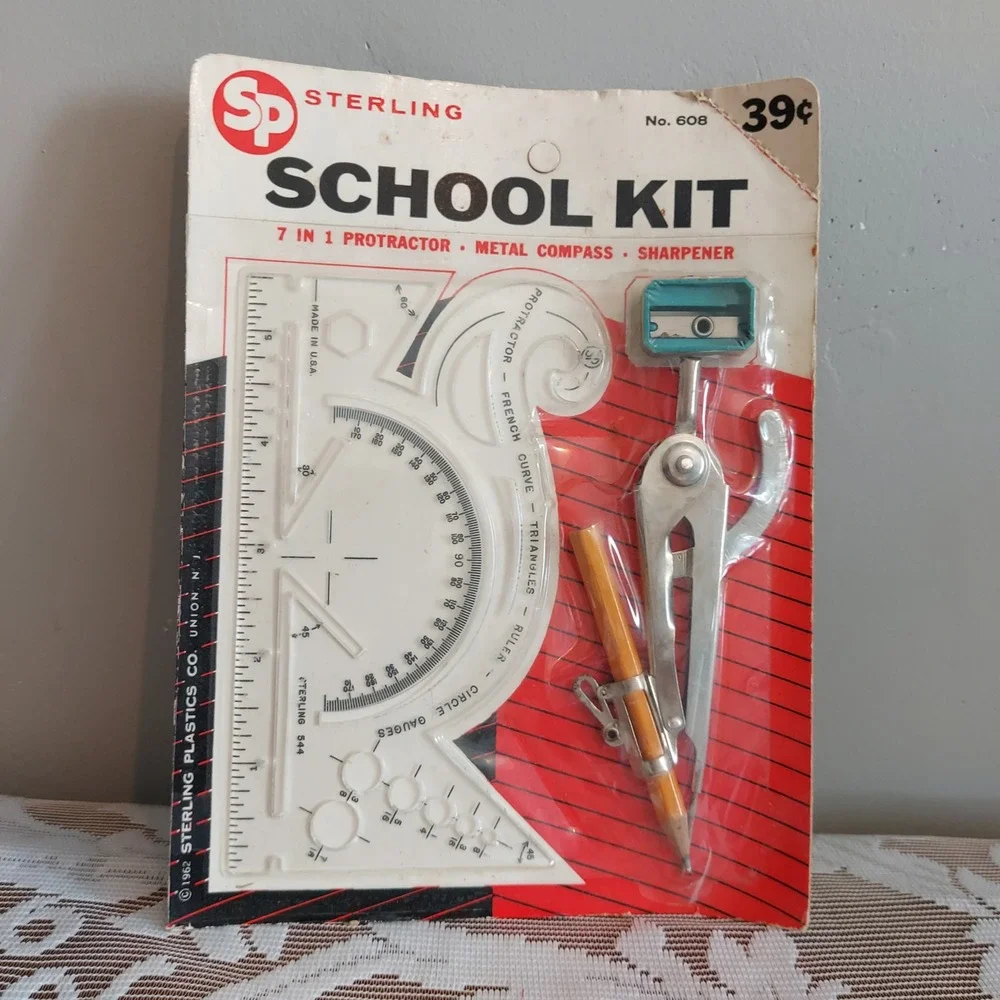 Vintage 1962 Sterling Plastics School Kit No608 Protractor Compass Sharpener NEW